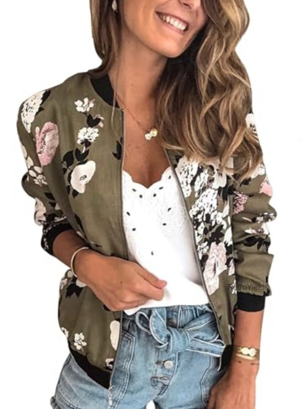 Floral Quilted Bomber Jacket Zip Up Lightweight Pockets Casual